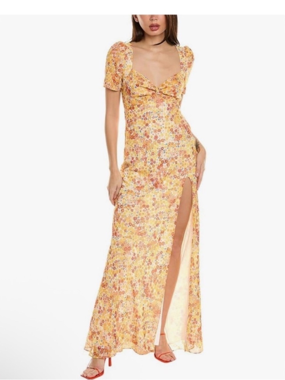 STAUD Yellow Floral Maxi Dress with High Side Slit